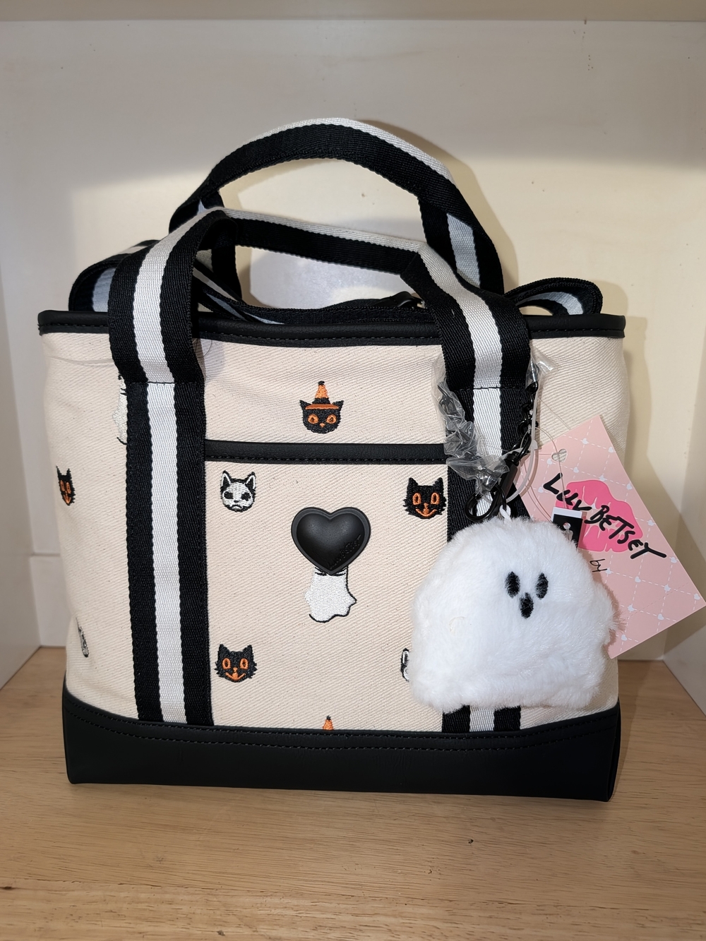 Cream & Black Halloween Cat Tote with Ghost Charm